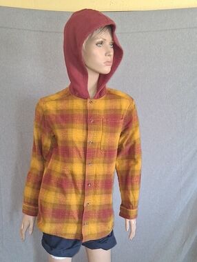 Epic Threads Hooded Plaid Shirt Jacket in Mustard & Burgundy